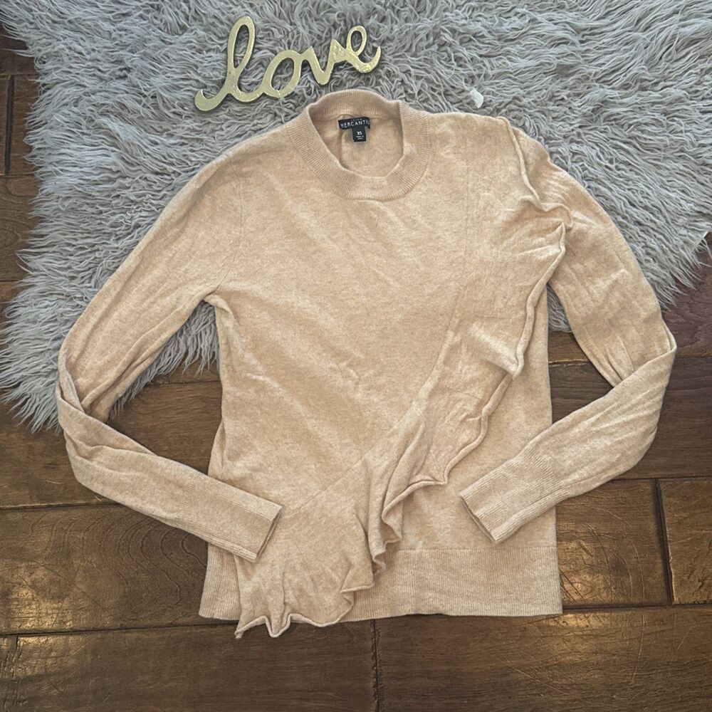 J Crew Mercantile Sweater Womens XS Brown Tan Ruffle Front Wool Blend Crewneck